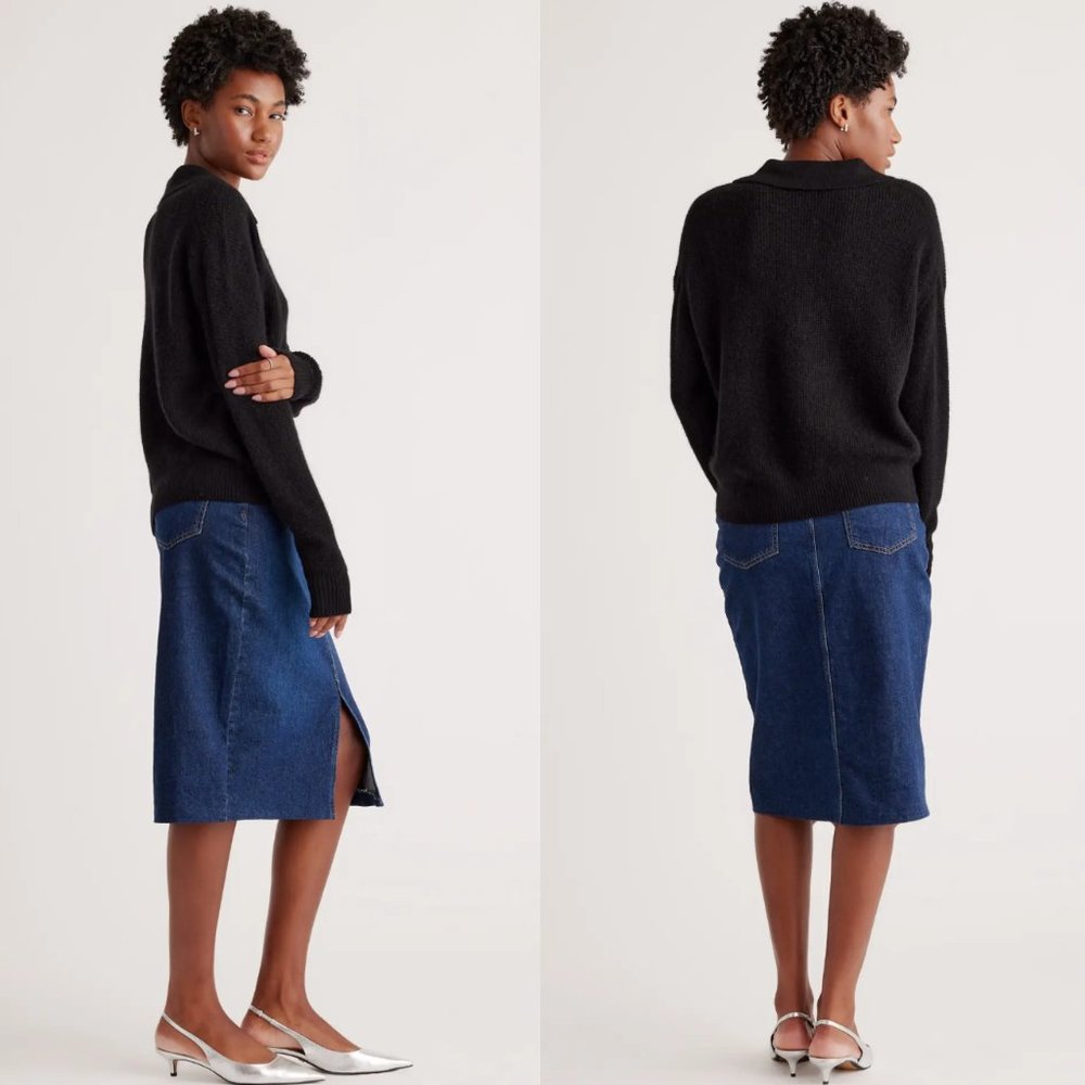 Quince | NEW Baby Alpaca-Wool Waffle Stitch Polo Sweater in Black Size XL - Picture 2 of 11